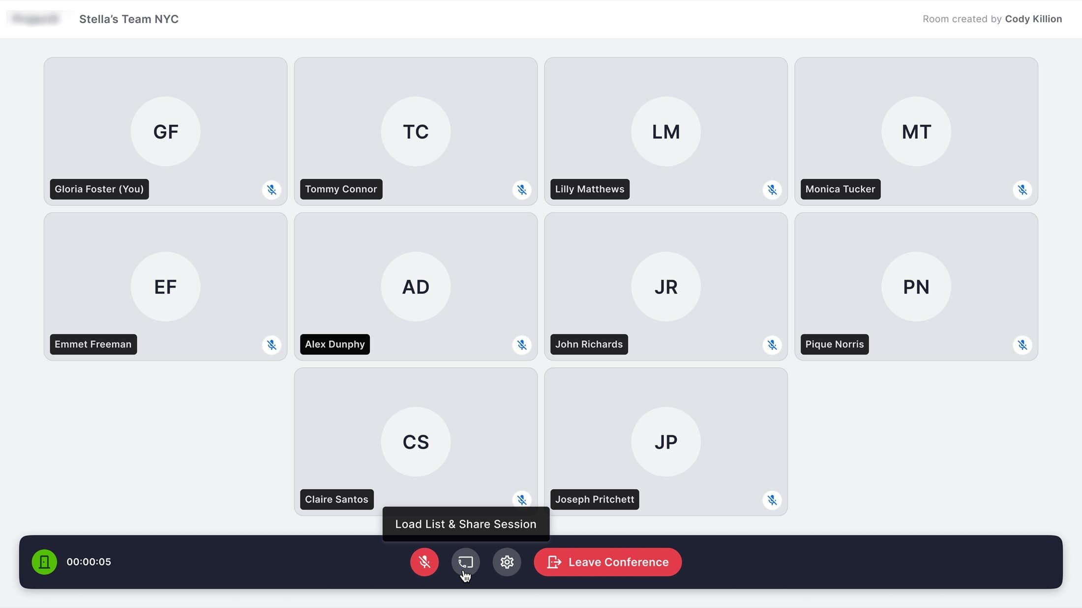 V2 team room, auto-added members, Load List & Share Session built into the call bar so reps stay one click from going live.