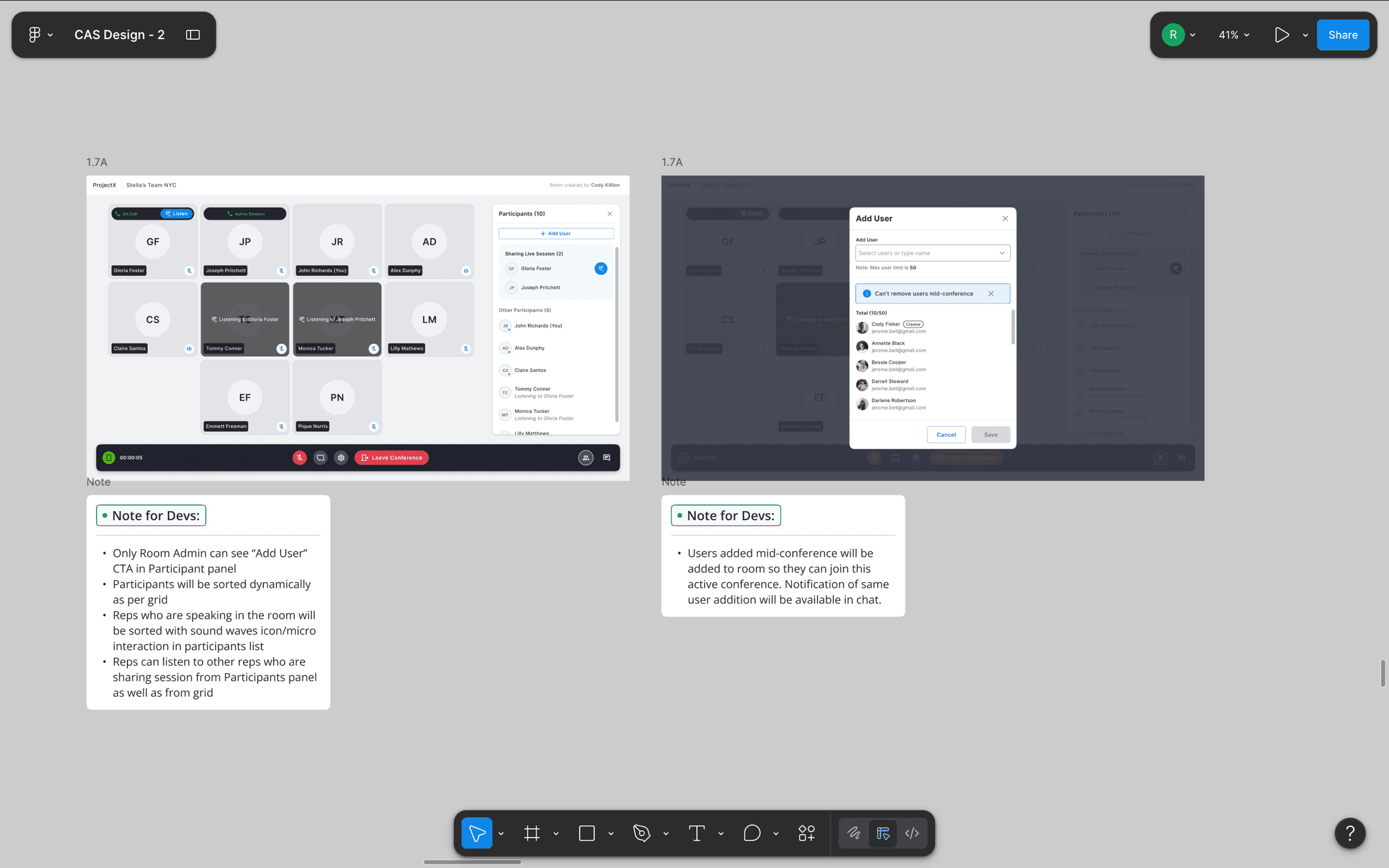 Annotated handoff frames, sort behavior, permissions, and live-update rules written next to the pixels so a 50-person eng team could ship without back-channel questions.