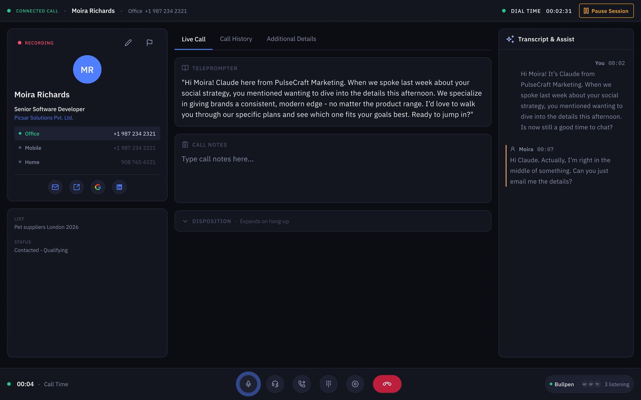 Live call workspace, contact card, teleprompter, and the AI Transcript & Assist panel rendered in one production-ready dark layout.