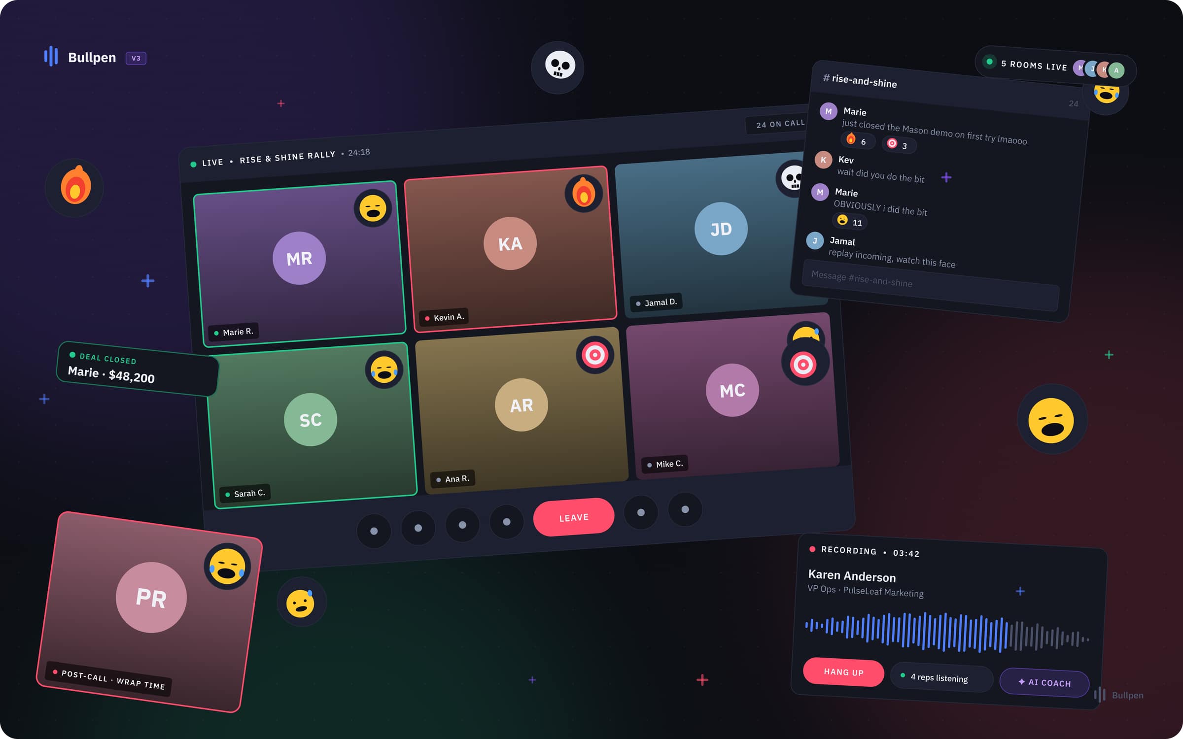 Bullpen. Bullpen V3, calling screen, modern dark theme, persistent DM widget visible