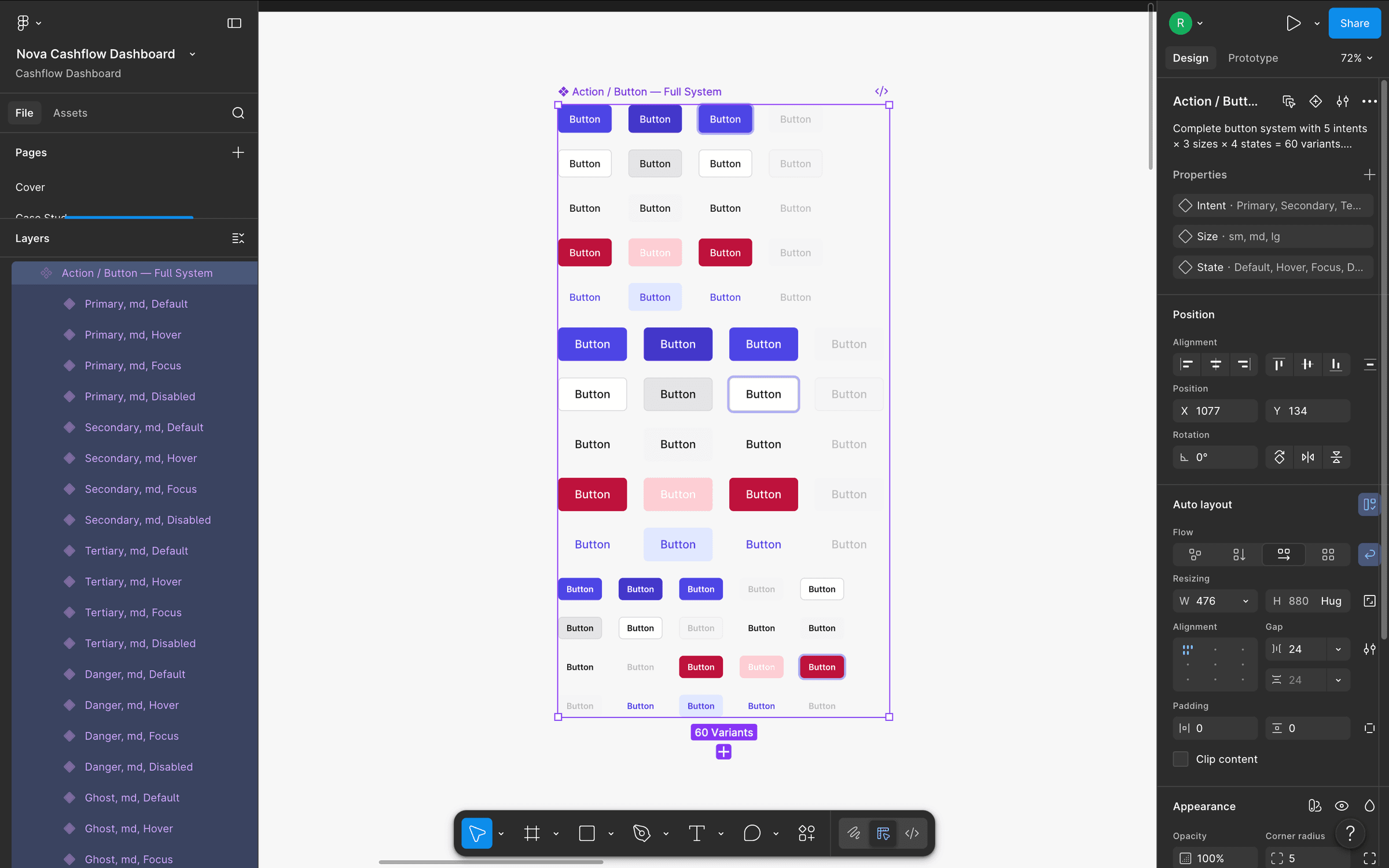The 60-variant Action/Button component set in Figma, every intent × size × state pairing pre-rendered so an engineer on a Friday-night ticket never has to design a missing combination.