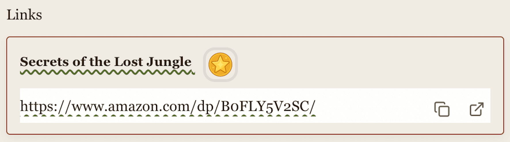 F03, partial, detail crop of the live link card. Both Open and Copy shipped as icon-only buttons, instead of Open remaining a primary CTA with Copy demoted. Counted as a partial ship in the open-threads list.
