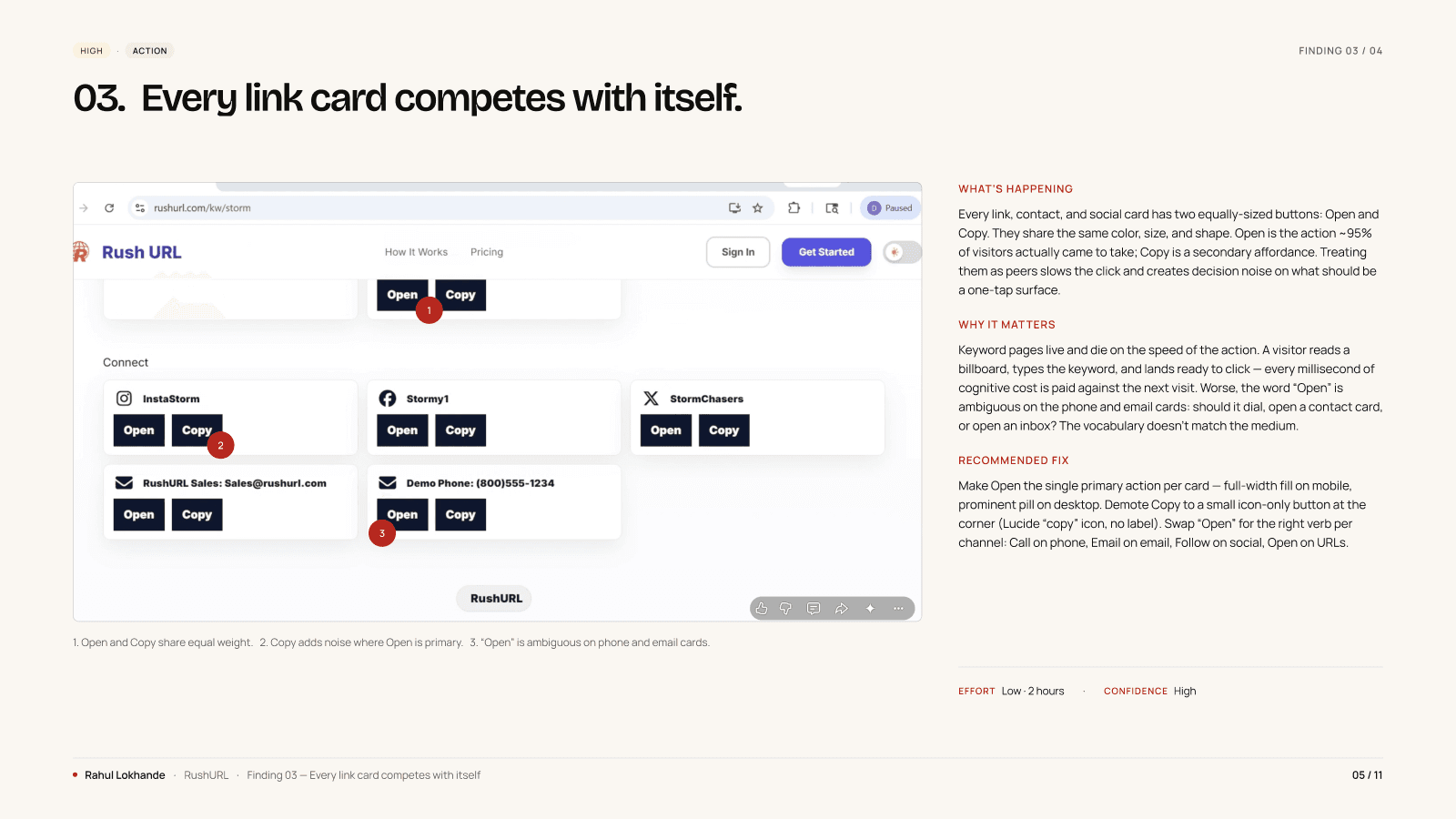 F03, Action. Open and Copy carry equal visual weight on every link card. Open is ~95% of intent; the duplication slows the click on phone and email rows.