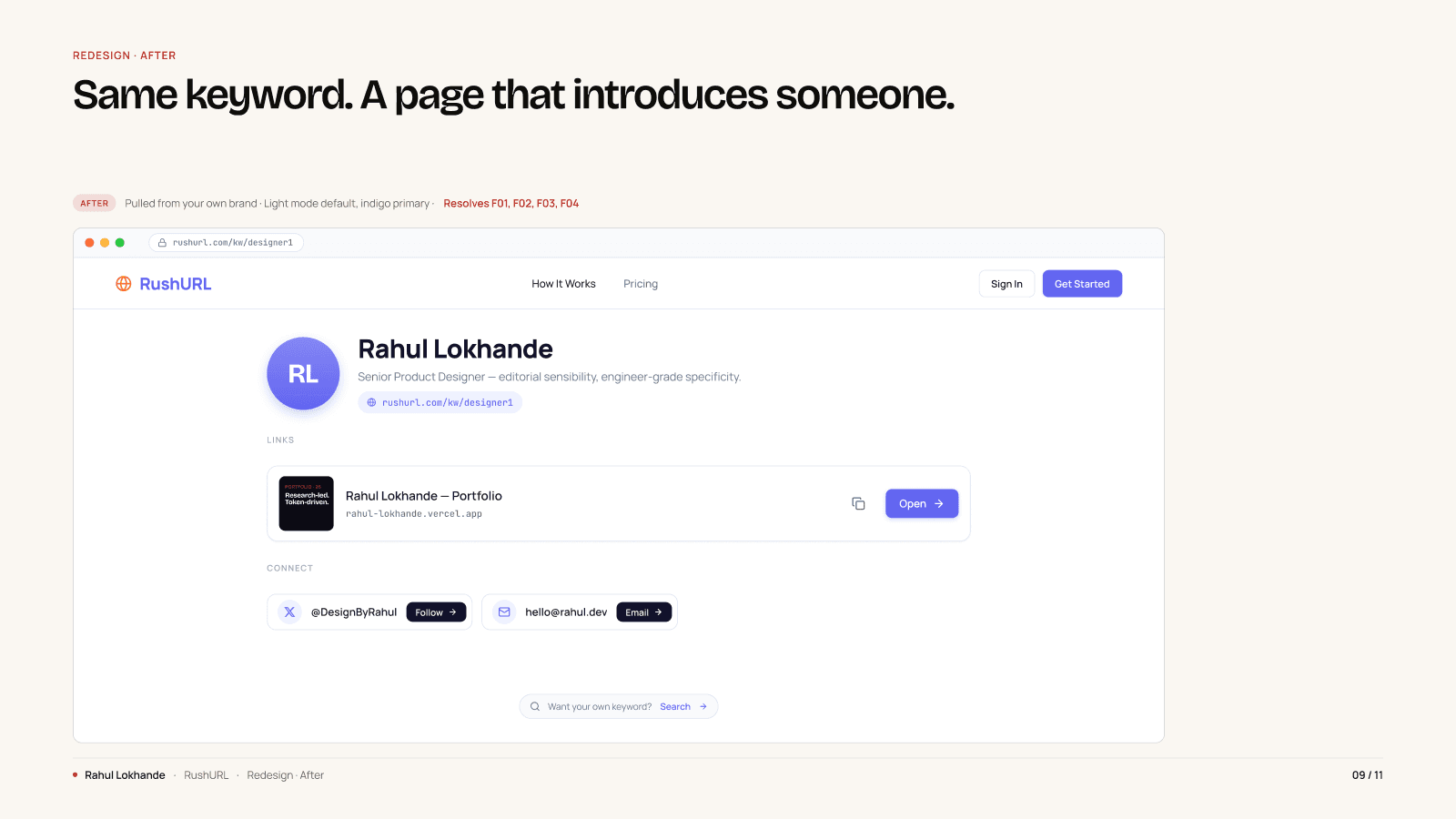 After, same keyword, a page that introduces someone. Pulled from the product's own brand: indigo primary, light mode default, owner block at the top, Copy demoted to icon.