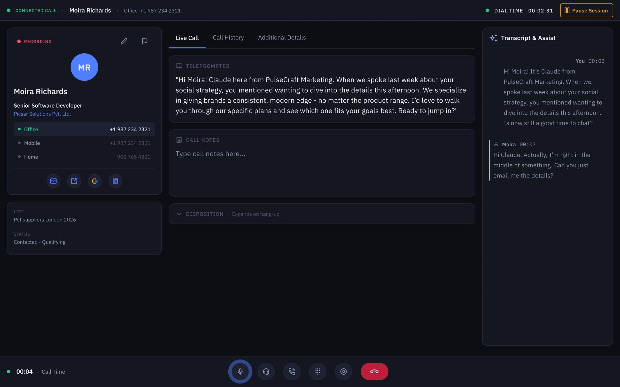 V2 (2026 concept), same transcript re-skinned in dark-first tokens; the rep barely touches it during a call, but every line feeds the coaching, leaderboard, and dashboard layers.